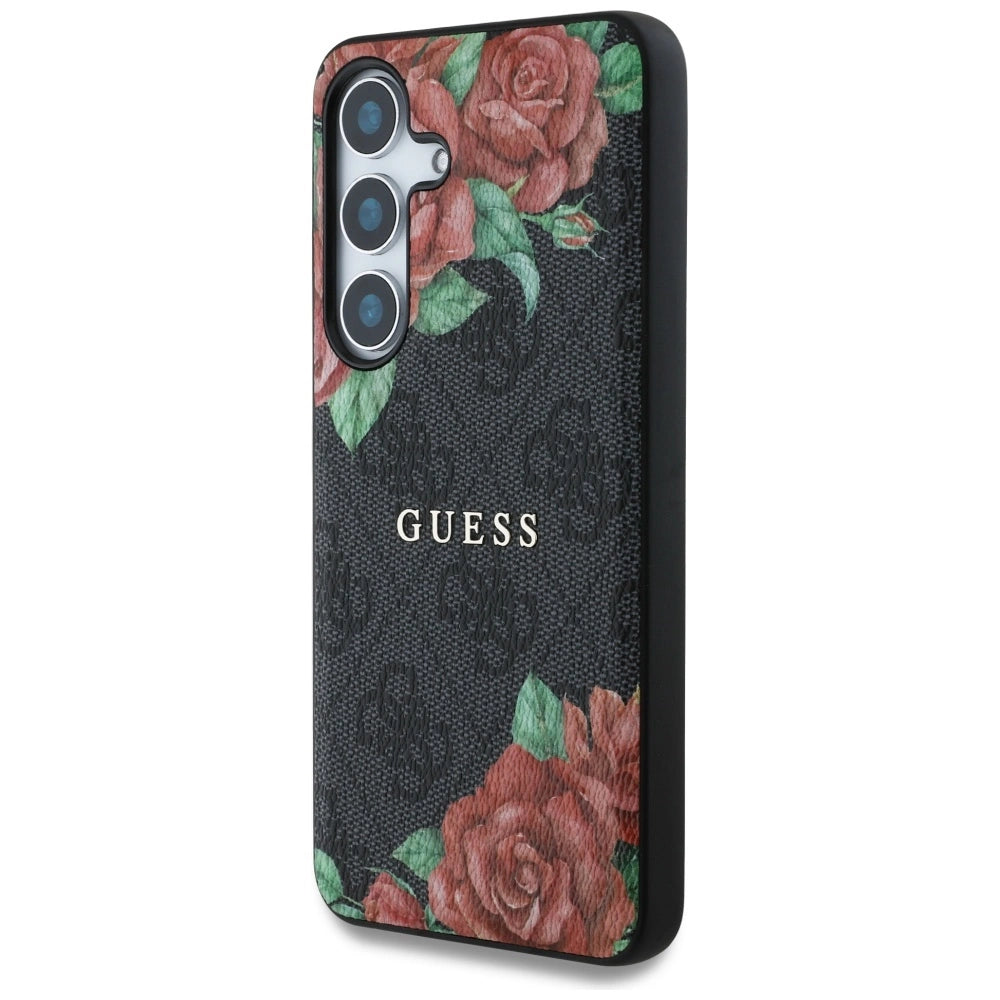 Guess Leather 4G Flowers Print Metal Classic Logo MagSafe Case for Samsung Galaxy S25 - Black_1