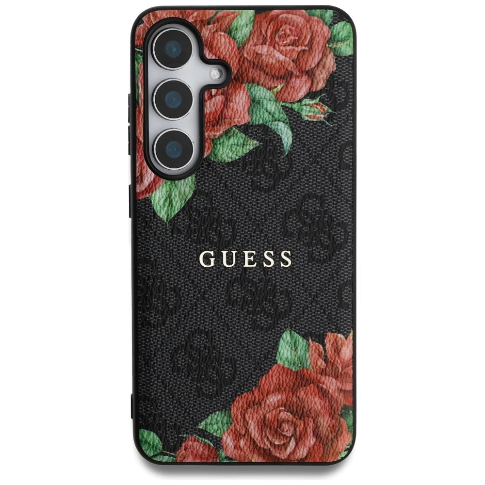 Guess Leather 4G Flowers Print Metal Classic Logo MagSafe Case for Samsung Galaxy S25 - Black_2