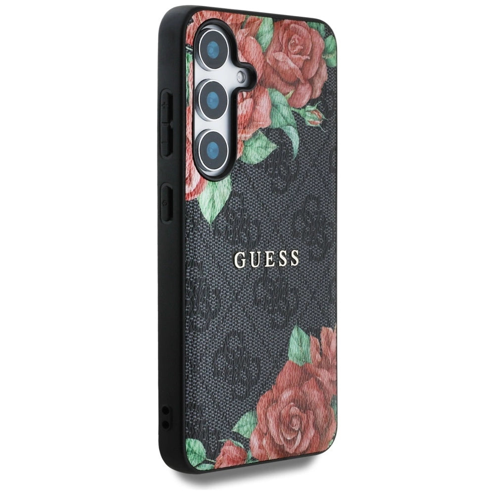 Guess Leather 4G Flowers Print Metal Classic Logo MagSafe Case for Samsung Galaxy S25 - Black_3