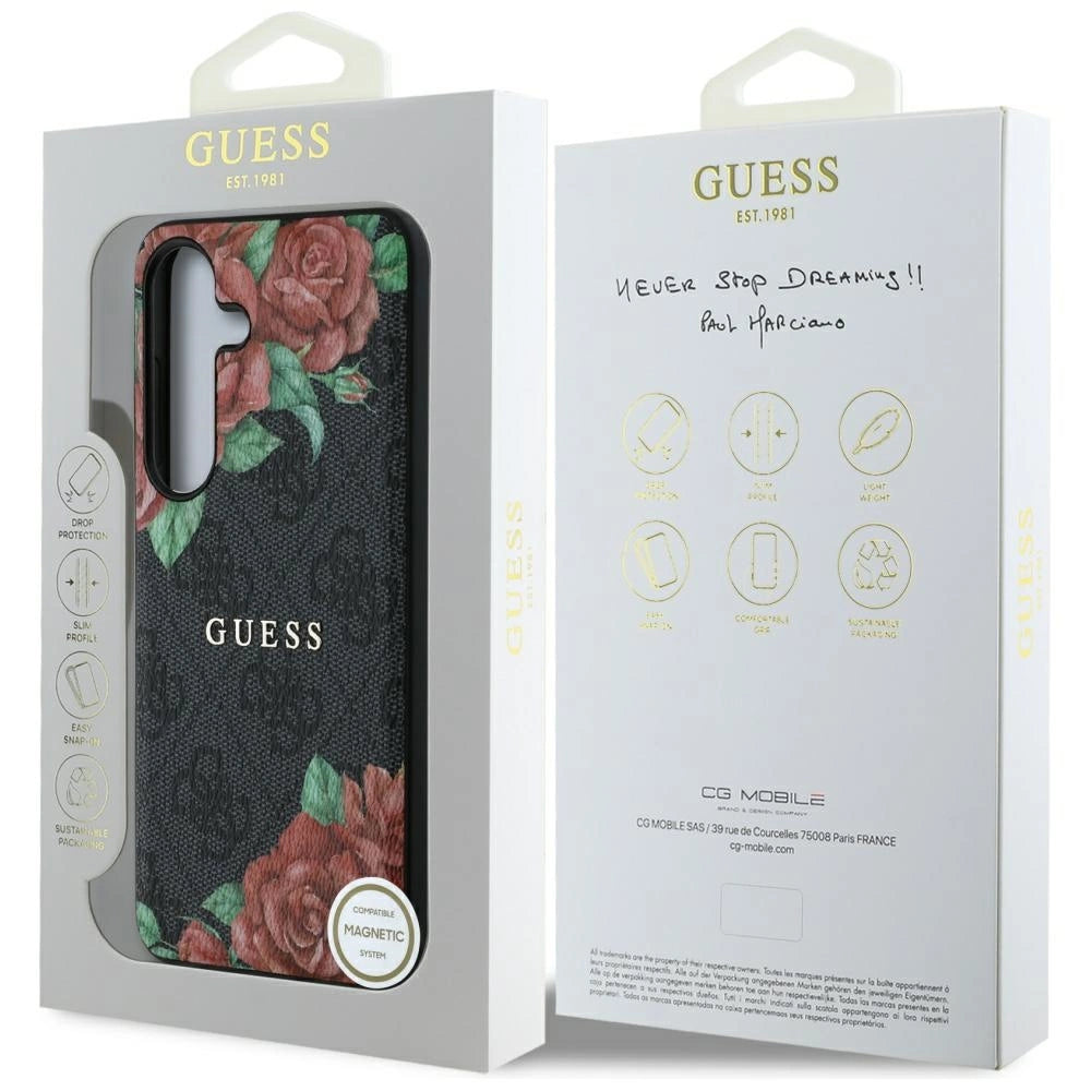 Guess Leather 4G Flowers Print Metal Classic Logo MagSafe Case for Samsung Galaxy S25 - Black_7