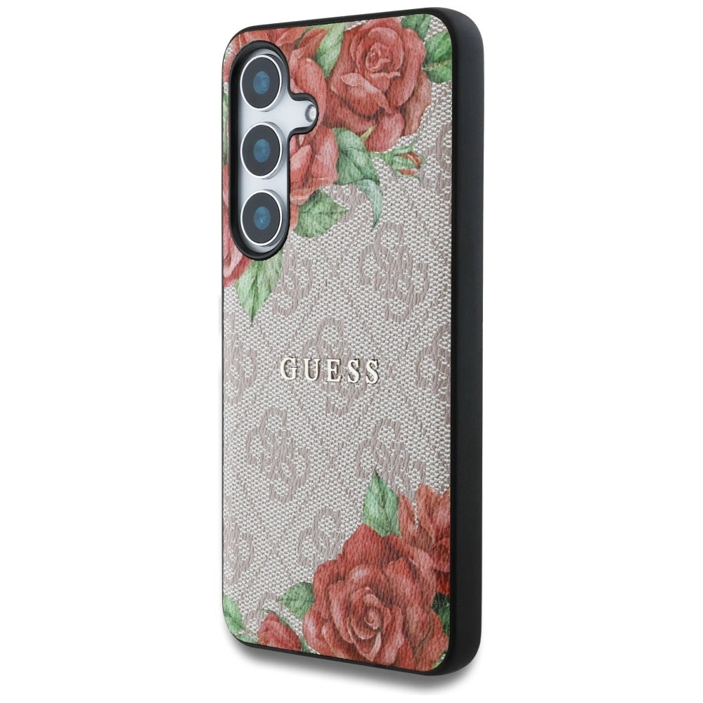 Guess Leather 4G Flowers Print Metal Classic Logo MagSafe Case for Samsung Galaxy S25 - Pink_1
