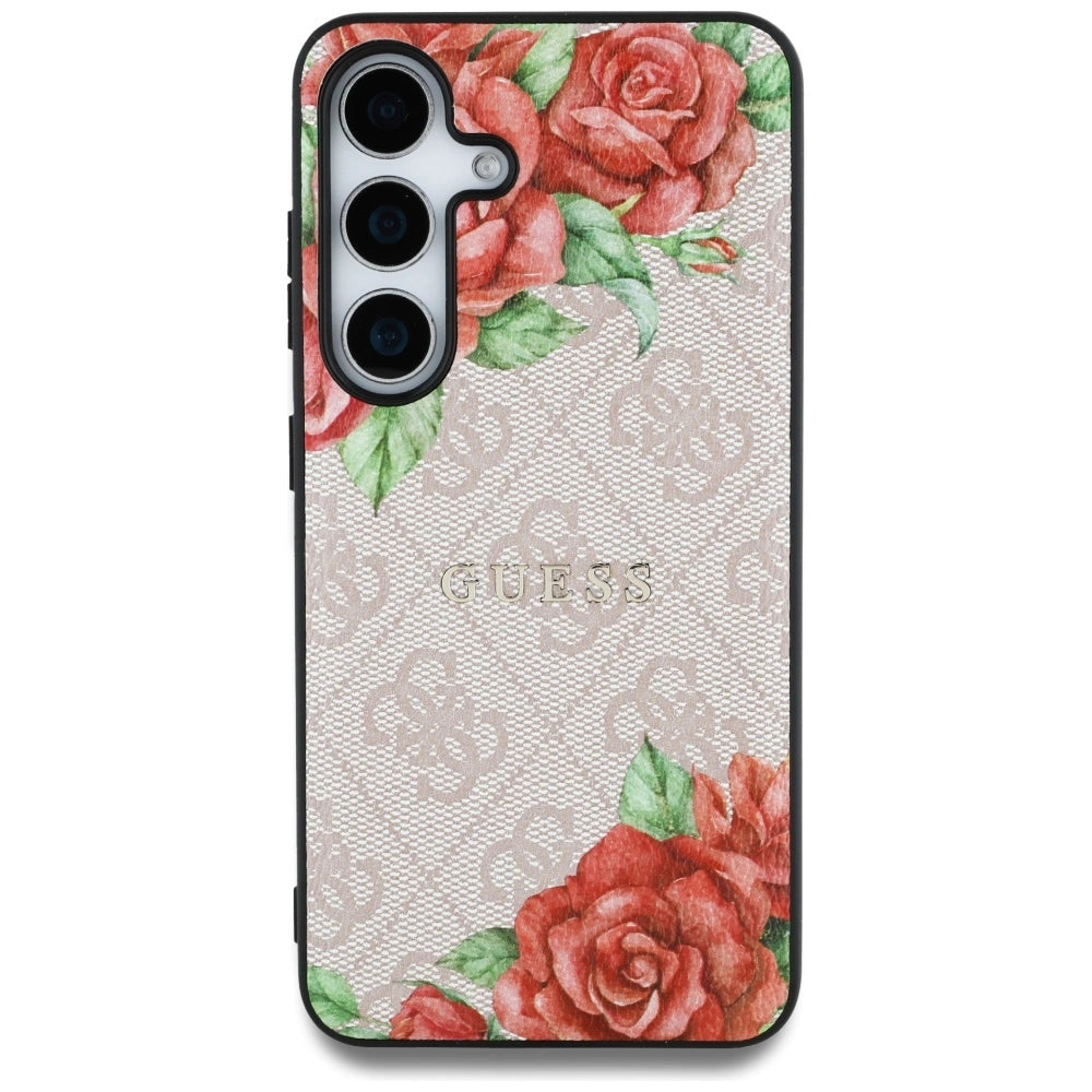 Guess Leather 4G Flowers Print Metal Classic Logo MagSafe Case for Samsung Galaxy S25 - Pink_2
