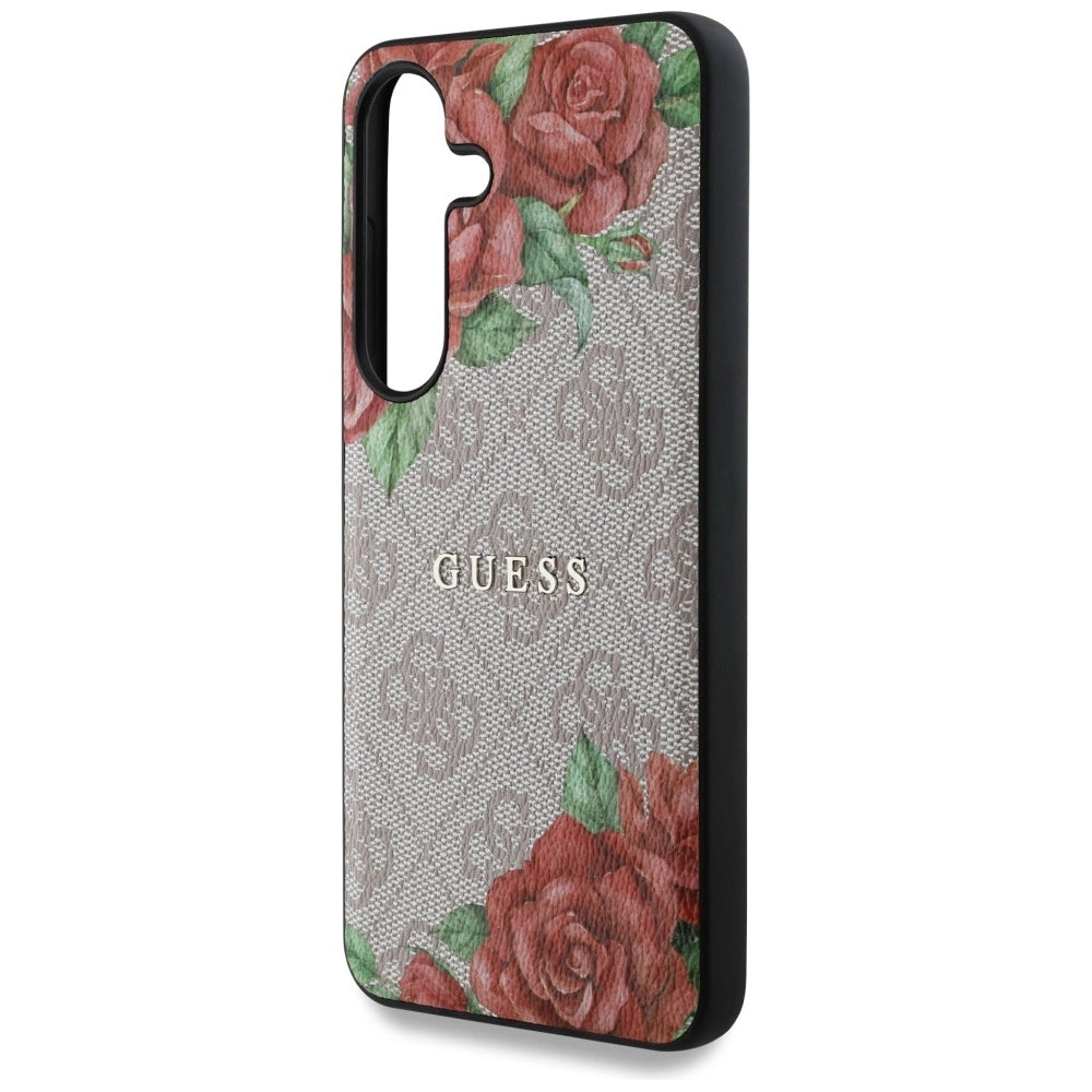 Guess Leather 4G Flowers Print Metal Classic Logo MagSafe Case for Samsung Galaxy S25 - Pink_5