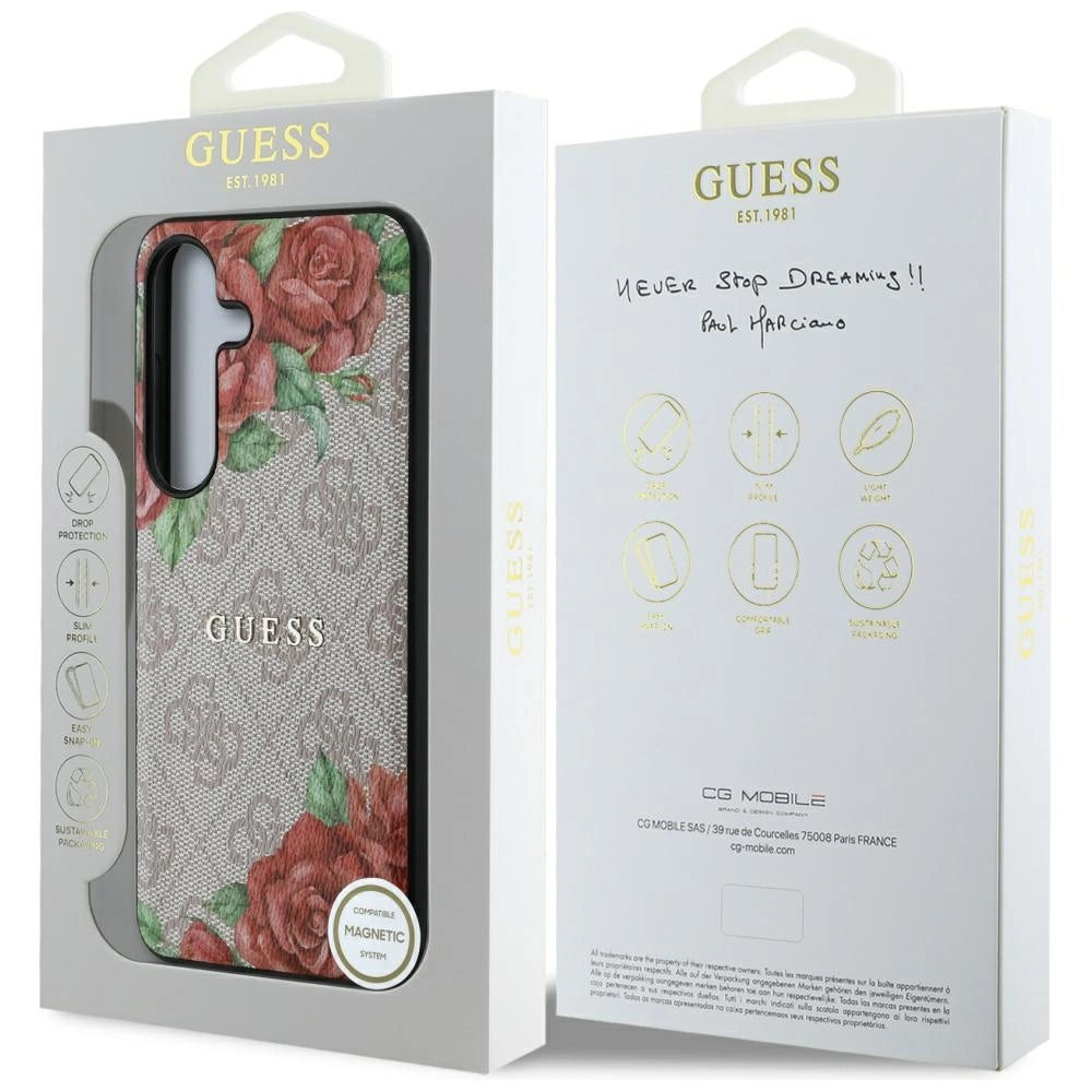 Guess Leather 4G Flowers Print Metal Classic Logo MagSafe Case for Samsung Galaxy S25 - Pink_7