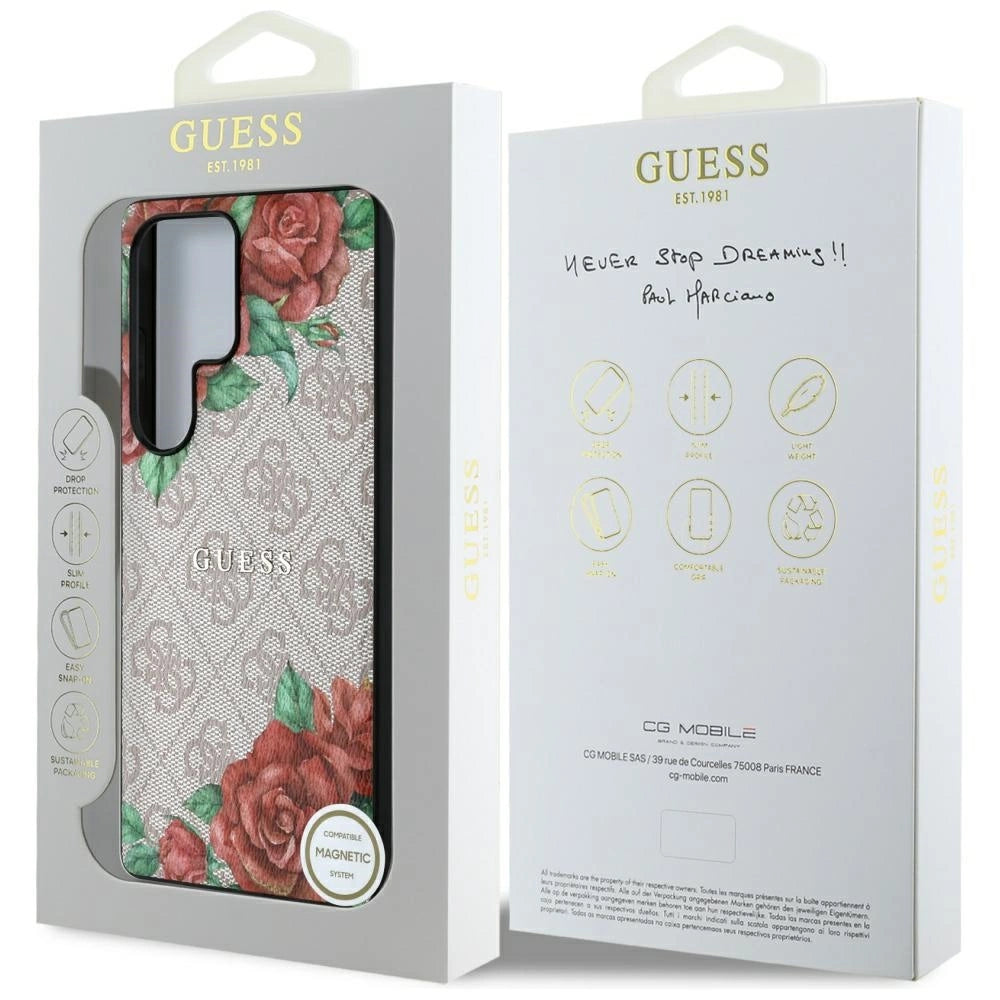 Guess Leather 4G Flowers Print Metal Classic Logo MagSafe Case for Samsung Galaxy S25 Ultra - Pink_7