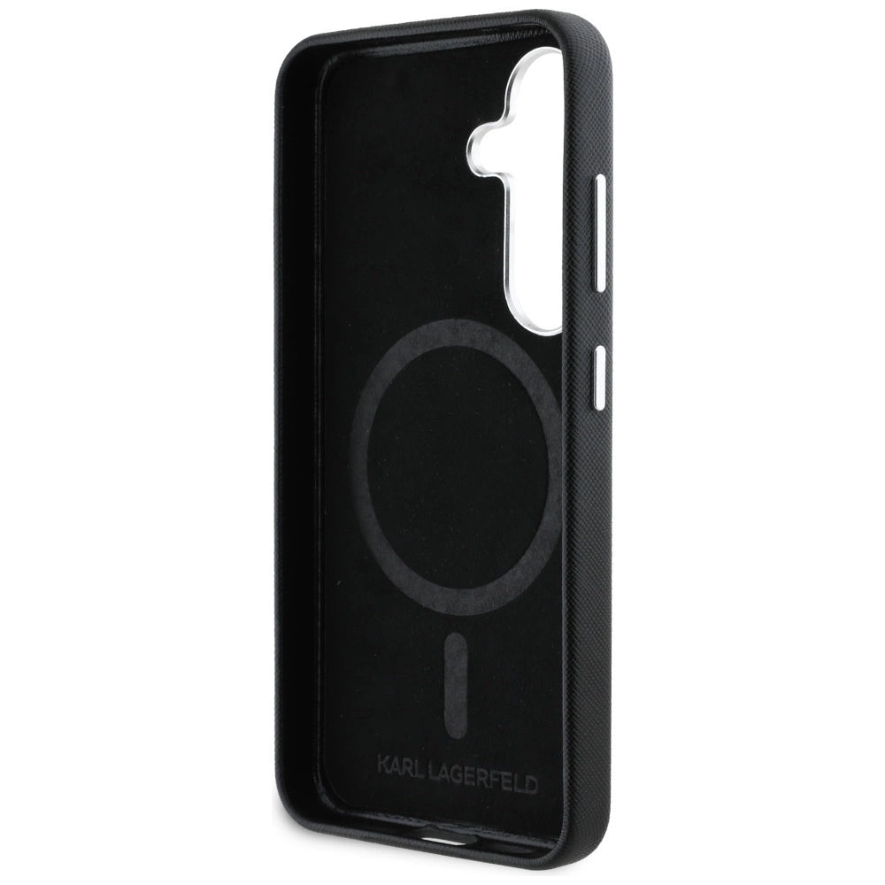 Karl Lagerfeld Saffiano Full Wrapped Elongated Metal Logo MagSafe Case for Samsung Galaxy S25+ - Black_6