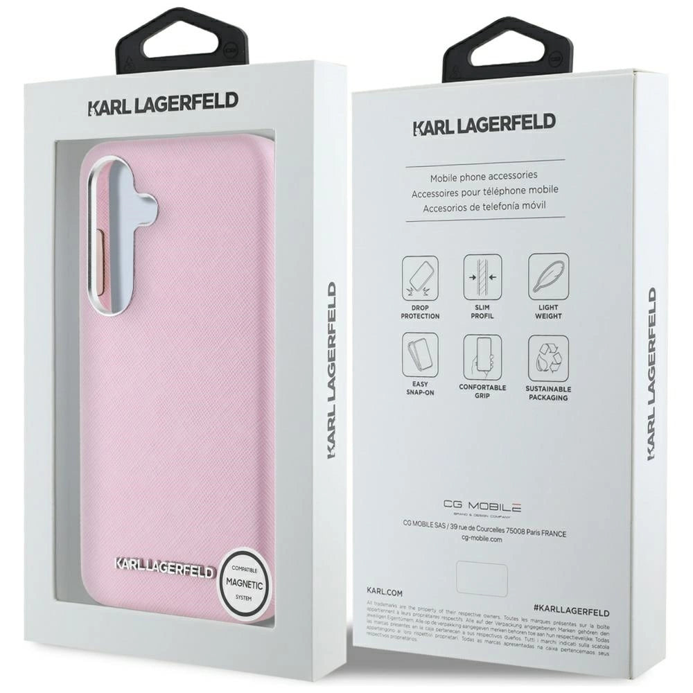 Karl Lagerfeld Saffiano Full Wrapped Elongated Metal Logo MagSafe Case for Samsung Galaxy S25+ - Pink_7
