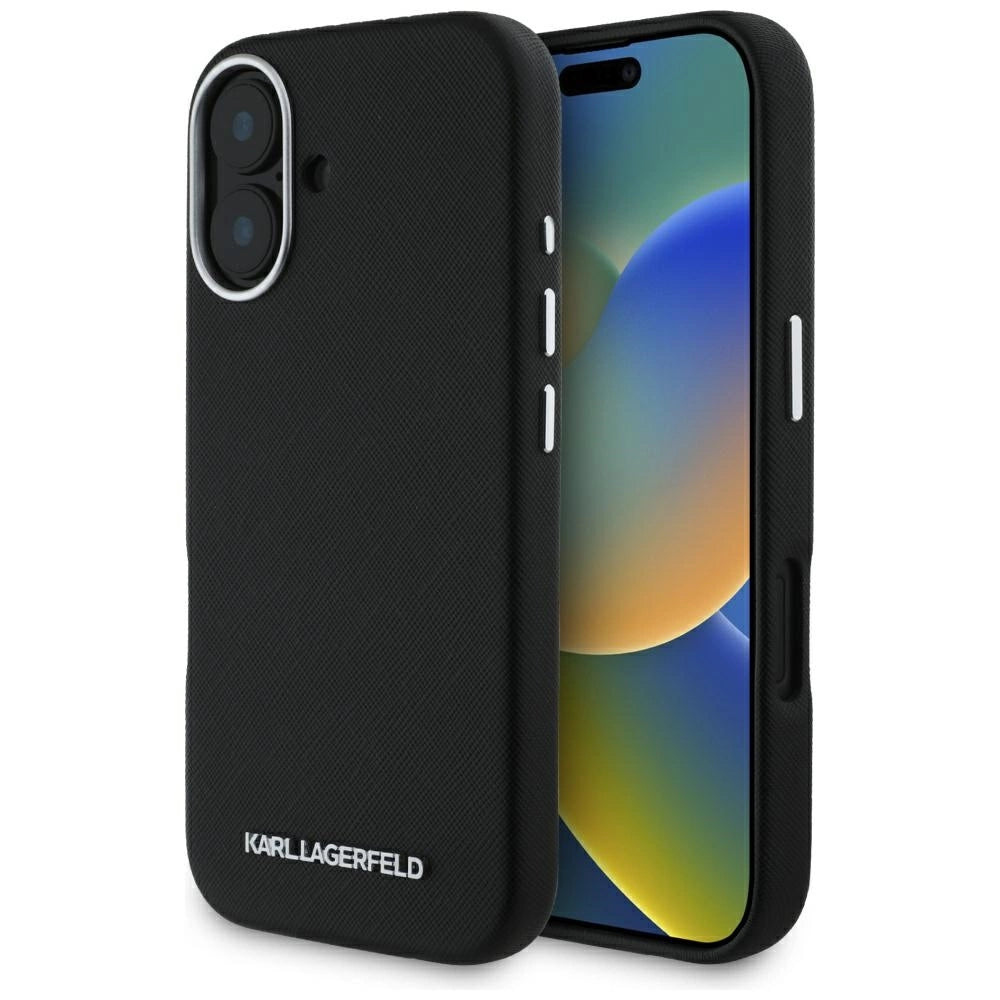 Karl Lagerfeld Saffiano Full Wrapped Elongated Metal Logo MagSafe Case for iPhone 16 - Black_0