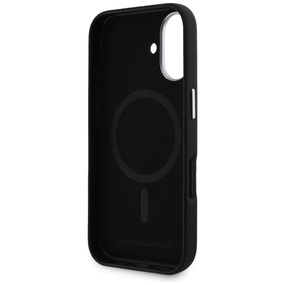 Karl Lagerfeld Saffiano Full Wrapped Elongated Metal Logo MagSafe Case for iPhone 16 - Black_6