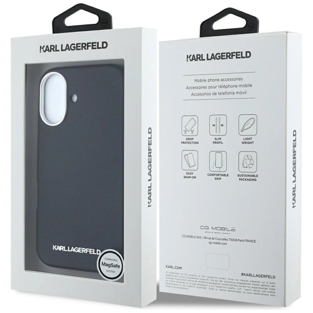 Karl Lagerfeld Saffiano Full Wrapped Elongated Metal Logo MagSafe Case for iPhone 16 - Black_7