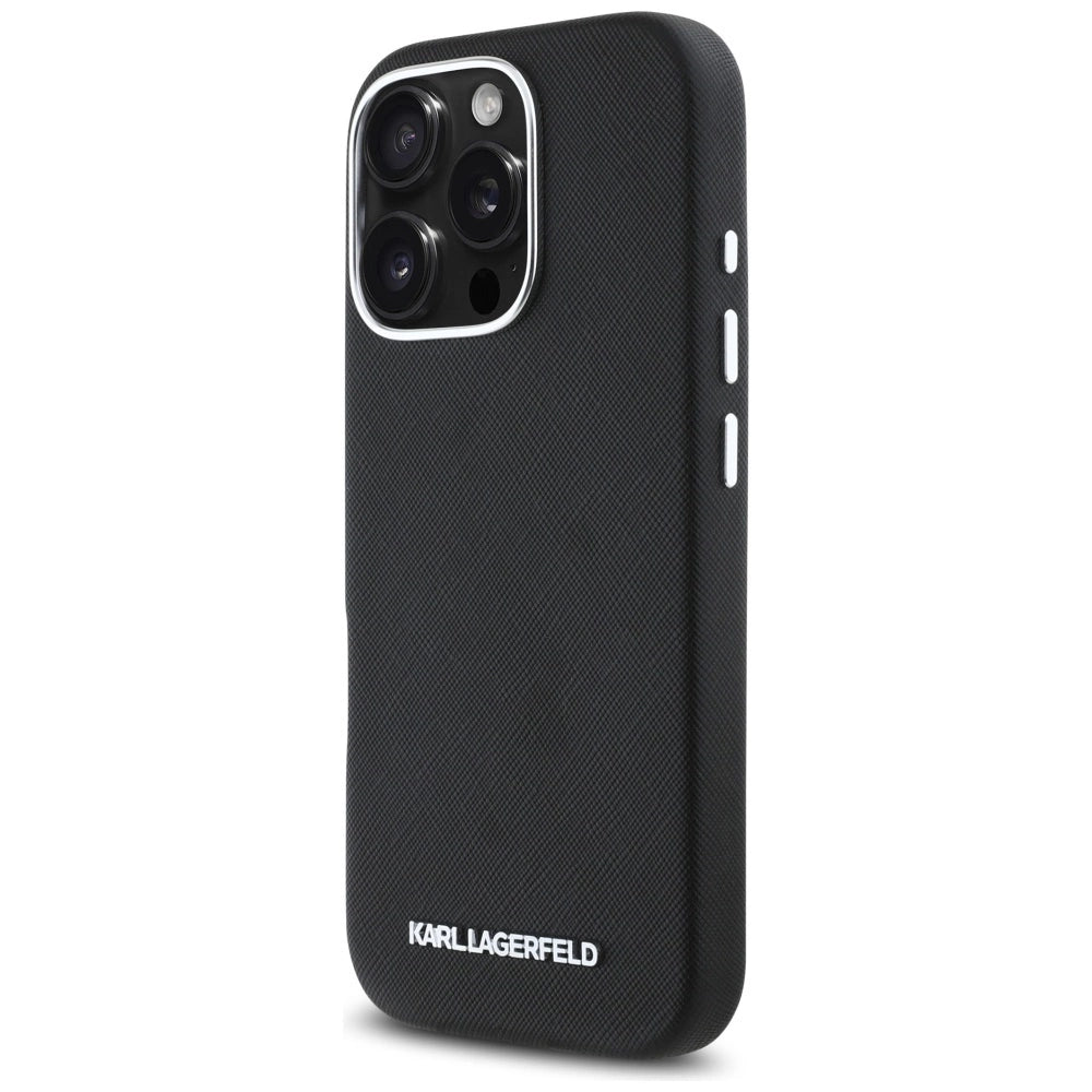 Karl Lagerfeld Saffiano Full Wrapped Elongated Metal Logo MagSafe iPhone 16 Pro Case - Black_1