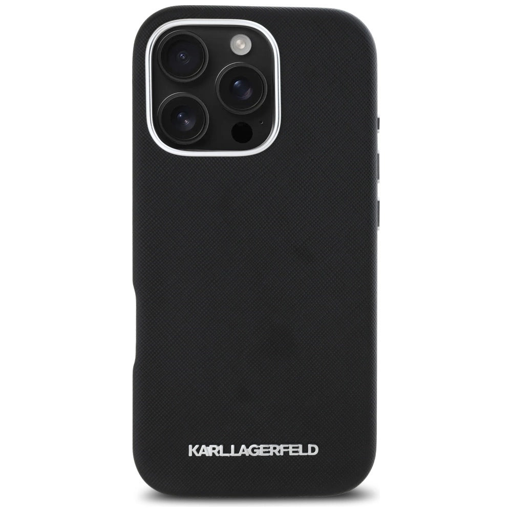 Karl Lagerfeld Saffiano Full Wrapped Elongated Metal Logo MagSafe iPhone 16 Pro Case - Black_2