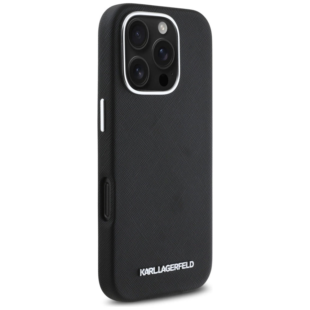 Karl Lagerfeld Saffiano Full Wrapped Elongated Metal Logo MagSafe iPhone 16 Pro Case - Black_3