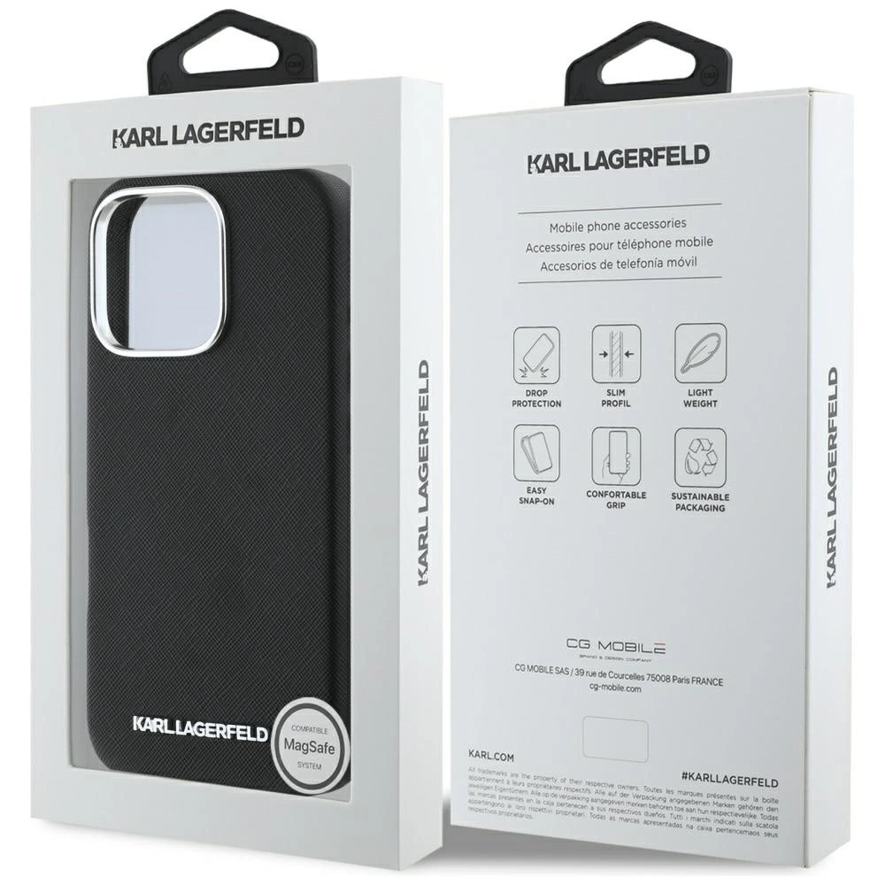 Karl Lagerfeld Saffiano Full Wrapped Elongated Metal Logo MagSafe Case for iPhone 16 Pro Max - Black_7