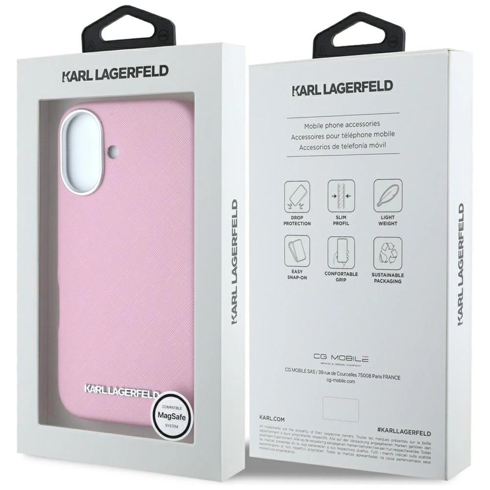 Karl Lagerfeld Saffiano Full Wrapped Elongated Metal Logo MagSafe iPhone 16 Case - Pink_7