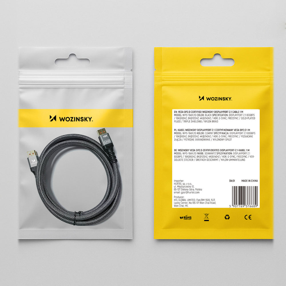 Wozinsky WPS-16AYL3S DisplayPort 2.1 Cable VESA Certified 80 Gb/s 16K@60Hz 8K@120Hz 4K@240Hz HDR HDCP DSC 3m - Black_10