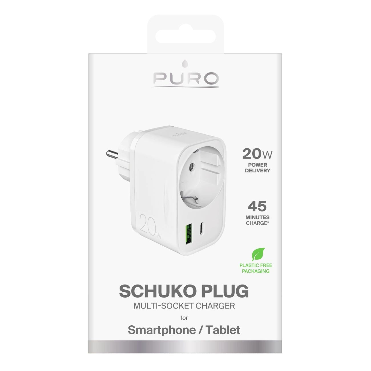 Puro 20W Power Delivery Charger with Schuko Plug and Socket 1x USB-C + 1x USB-A - White_1