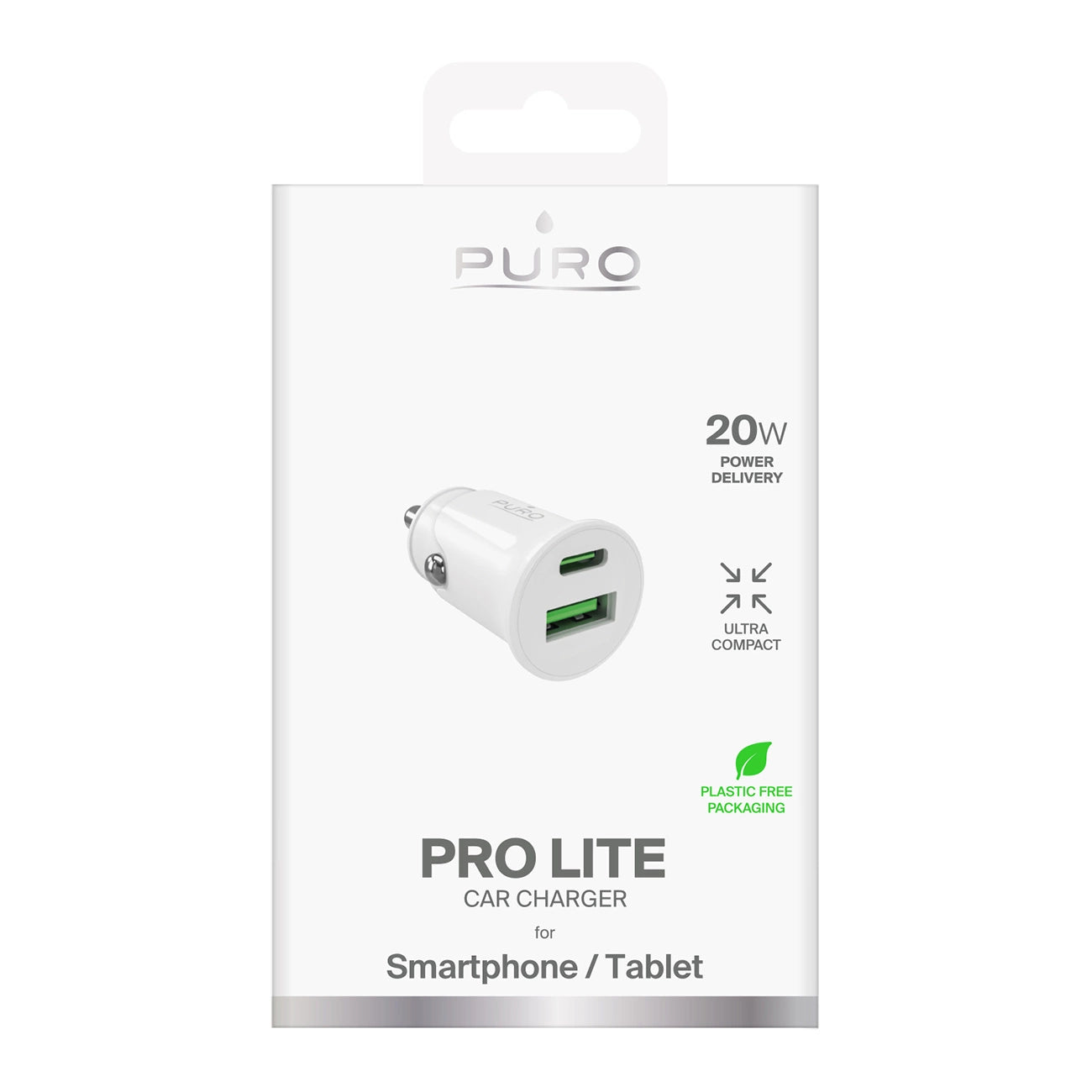 Puro Pro Lite Car Charger 1x USB-A + 1x USB-C Power Delivery 20W - White_1