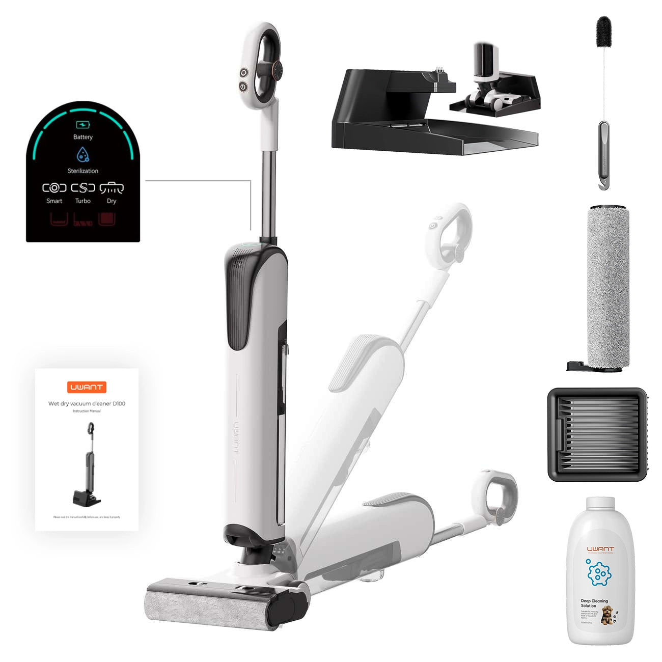 UWANT D100 17000Pa Upright Vacuum Cleaner with Mopping Function and Charging Station - White_1