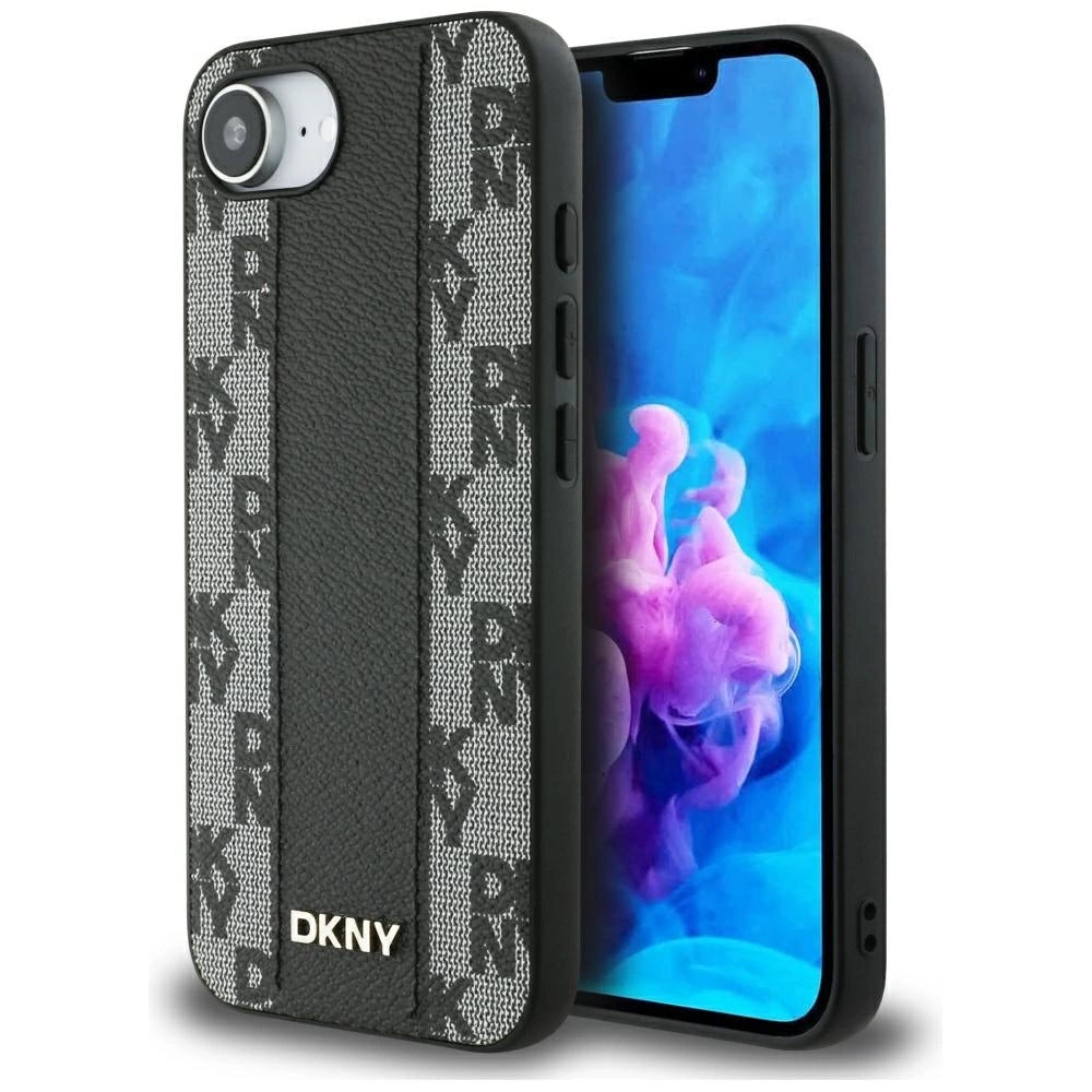 DKNY Leather Checkered Mono Pattern MagSafe iPhone 16e Case - Black_0