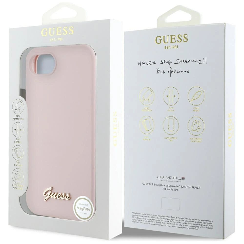 Guess Silicone Script Metal Logo MagSafe iPhone 16e Case - Pink_7