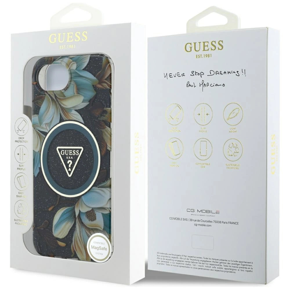 Guess IML Metal Glitter Flowers Triangle MagSafe case for iPhone 16e - black_7