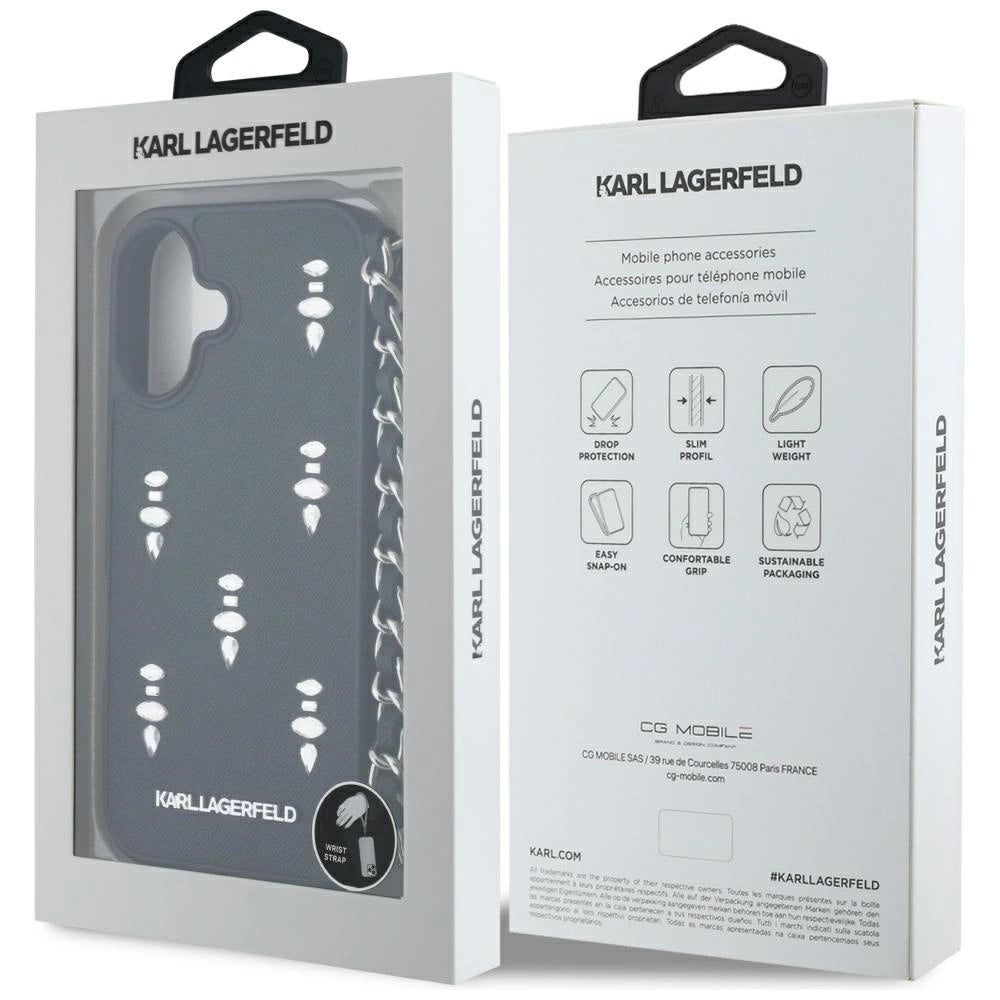 Karl Lagerfeld Saffiano Crystals w/Chain iPhone 16 Case - Black_6