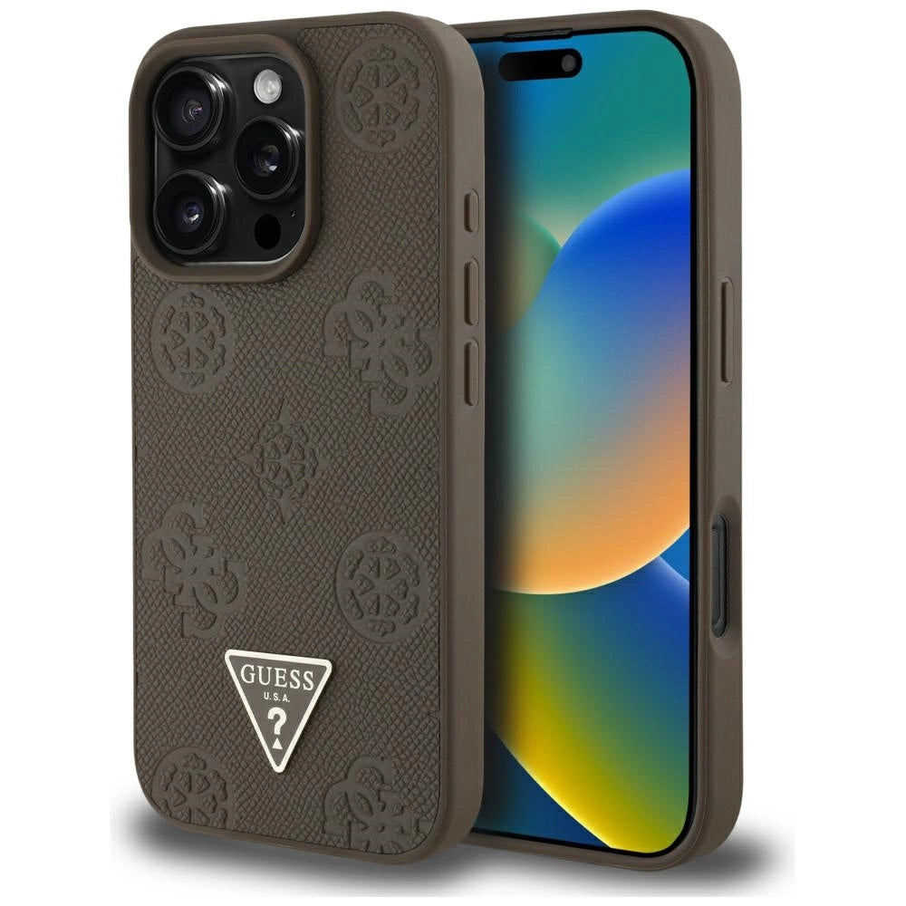 Guess Grained Hot Stamp Peony Triangle Logo MagSafe iPhone 16 Pro Case - Brown_0