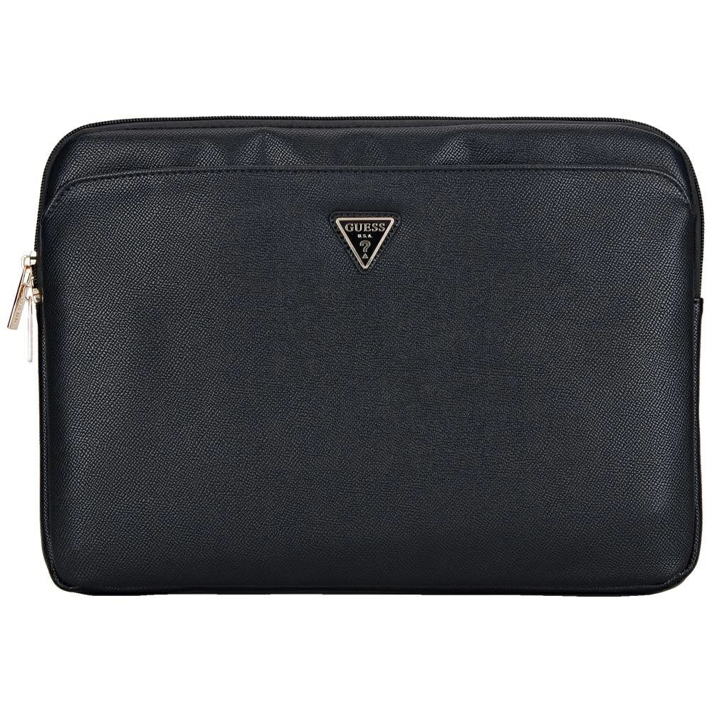 Guess Sleeve Grained Zipper Pocket Triangle Logo 14" Laptop Bag - Black_0