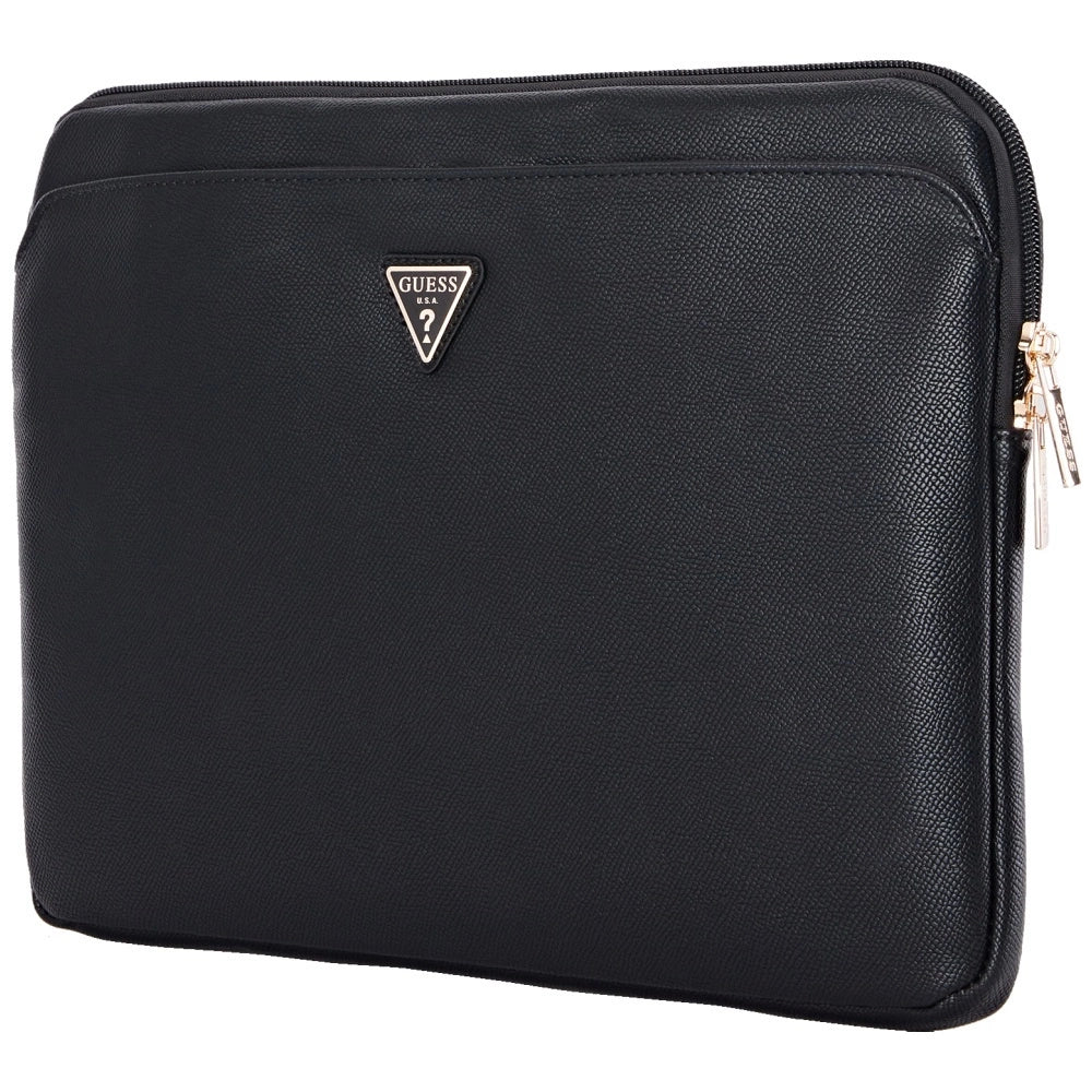 Guess Sleeve Grained Zipper Pocket Triangle Logo 14" Laptop Bag - Black_2