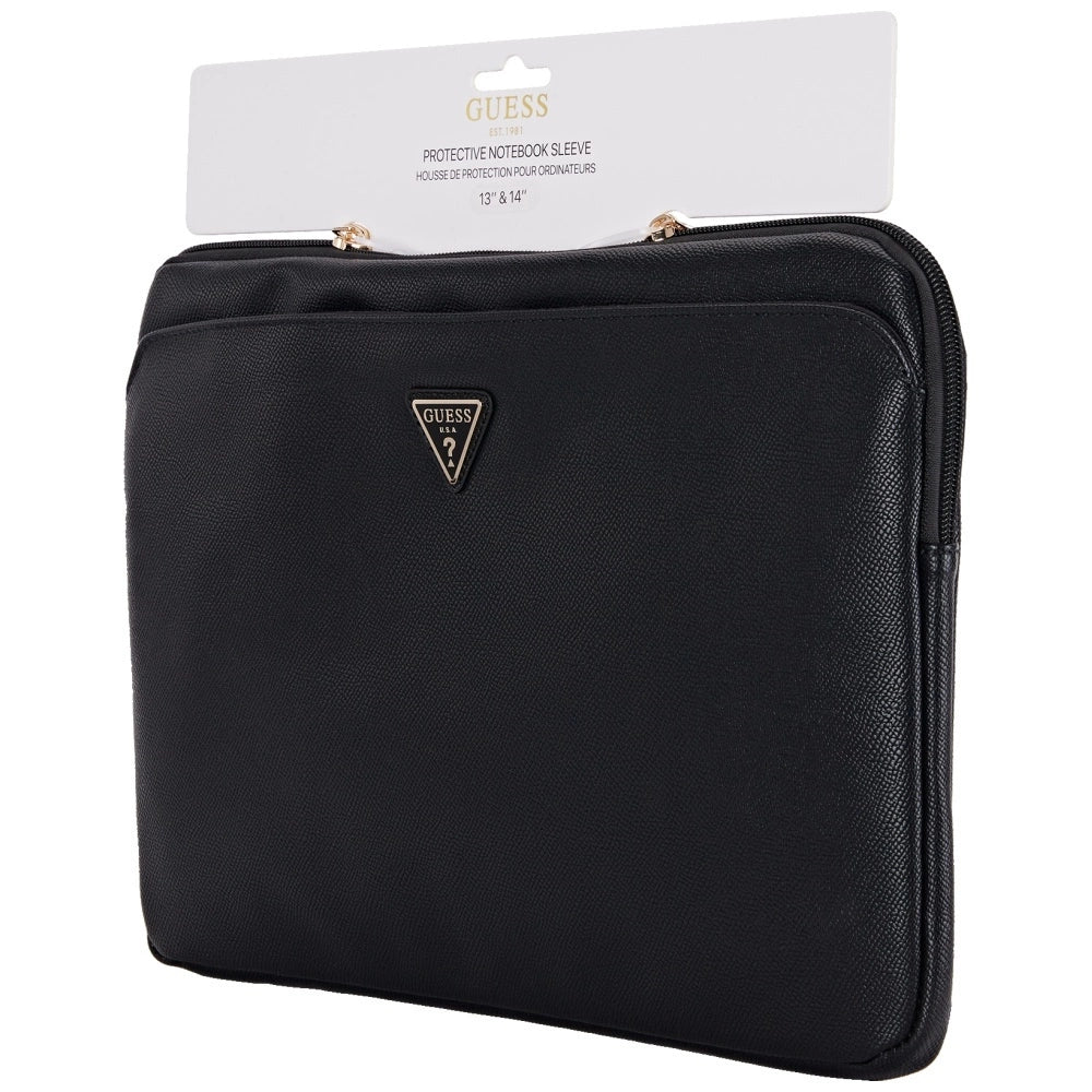 Guess Sleeve Grained Zipper Pocket Triangle Logo 14" Laptop Bag - Black_3