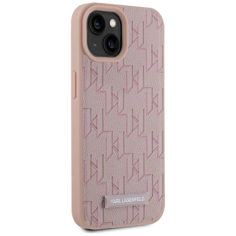 Karl Lagerfeld Leather Monogram Metal Logo MagSafe iPhone 15 Case - Pink_3