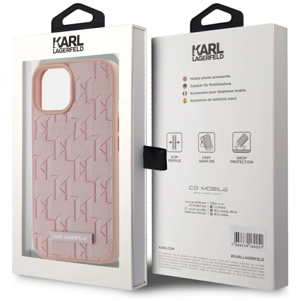 Karl Lagerfeld Leather Monogram Metal Logo MagSafe iPhone 15 Case - Pink_7