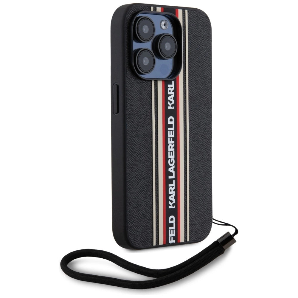 Karl Lagerfeld Saffiano Athleisure Stripes Cord iPhone 15 Pro Max Case - Red_2