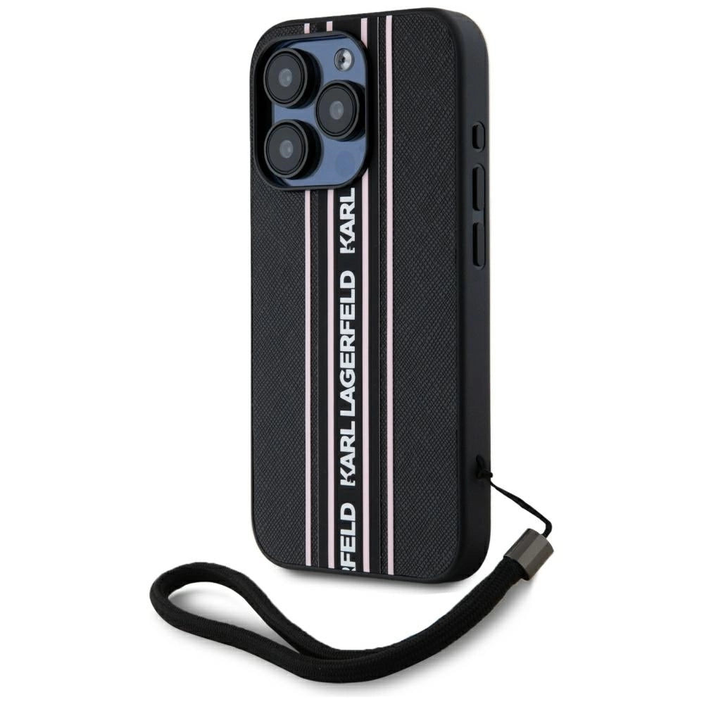 Karl Lagerfeld Saffiano Athleisure Stripes Cord iPhone 15 Pro Max Case - Pink_1
