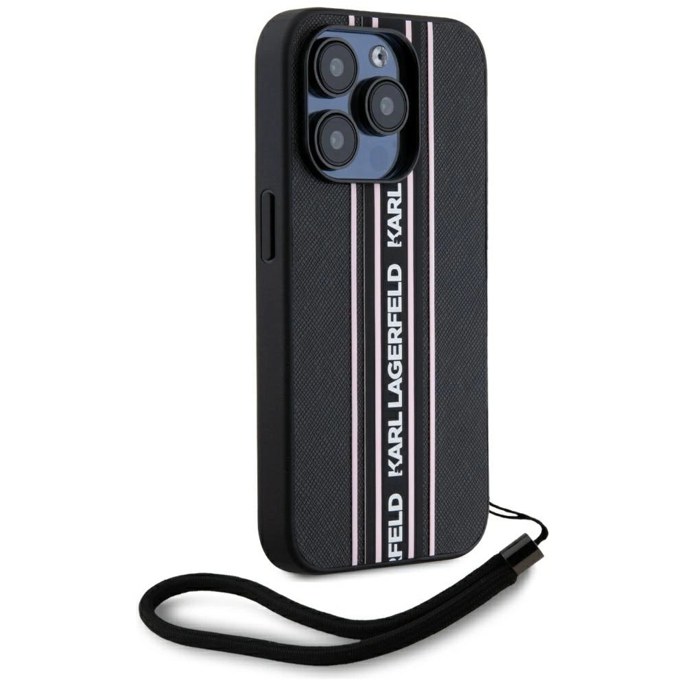 Karl Lagerfeld Saffiano Athleisure Stripes Cord iPhone 15 Pro Case - Pink_2