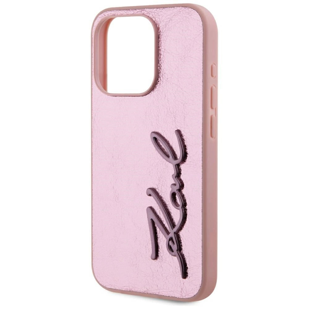 Karl Lagerfeld Wrinkled Metal Signature iPhone 15 Pro Max Case - Pink_5