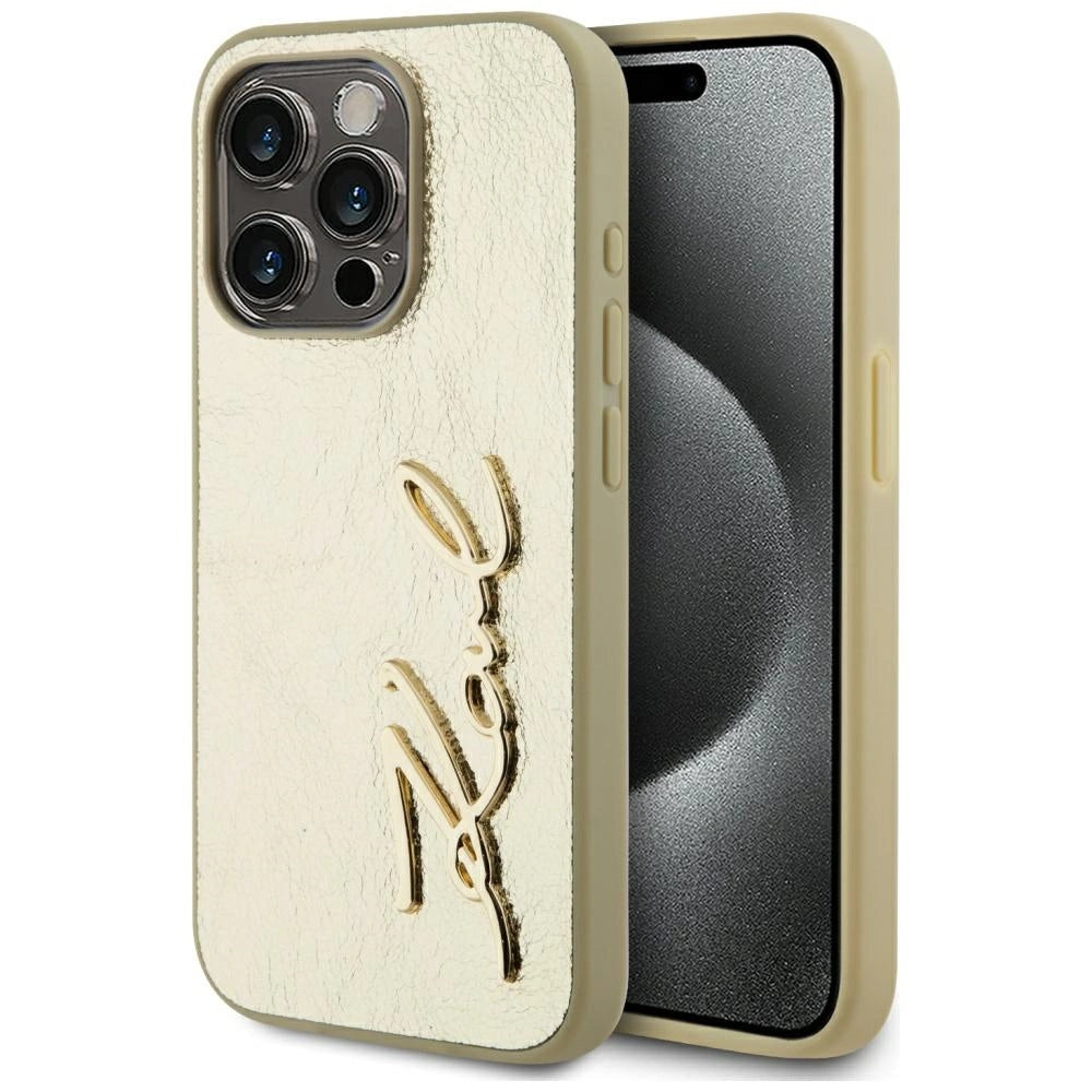 Karl Lagerfeld Wrinkled Metal Signature iPhone 15 Pro Max Case - Gold_0
