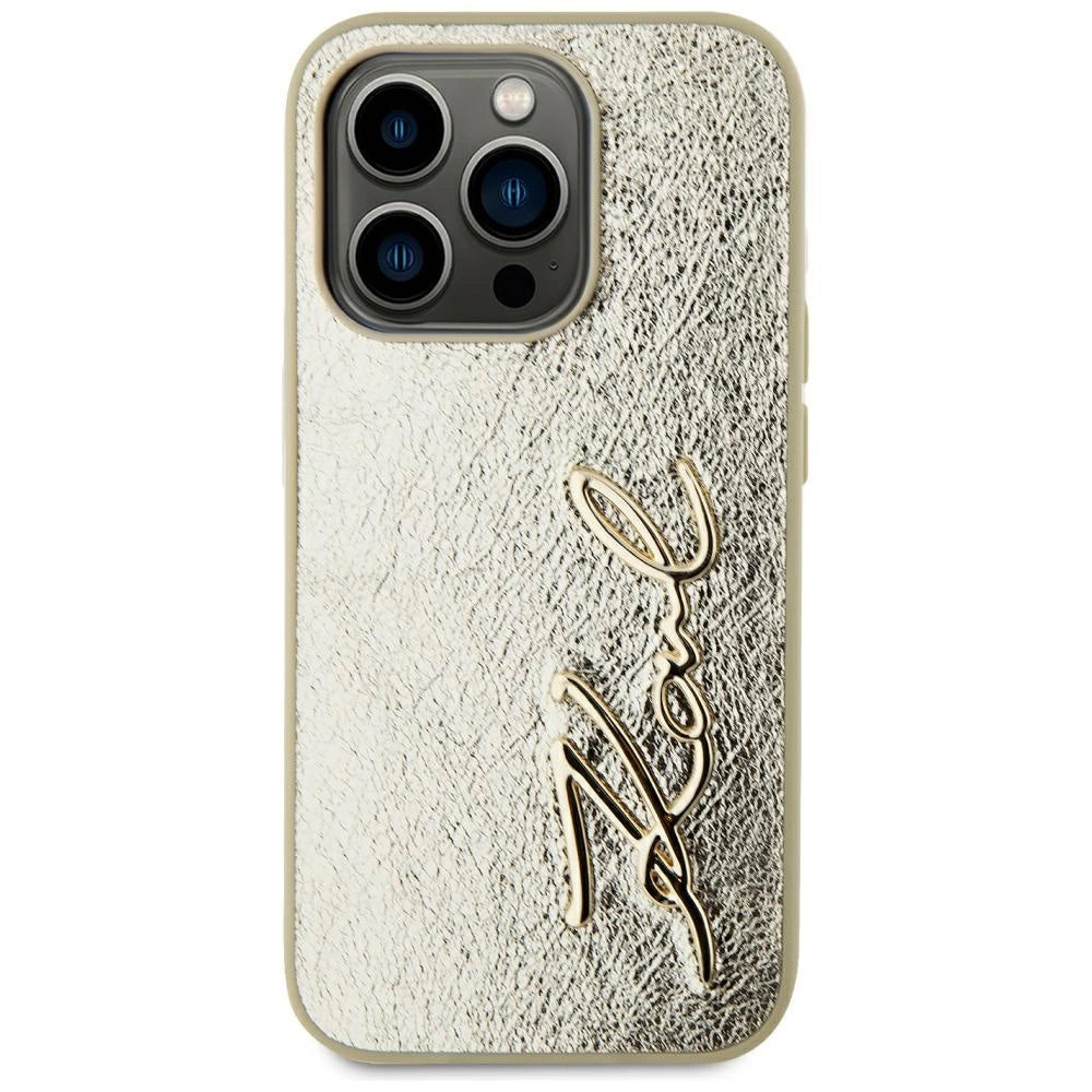 Karl Lagerfeld Wrinkled Metal Signature iPhone 15 Pro Max Case - Gold_2