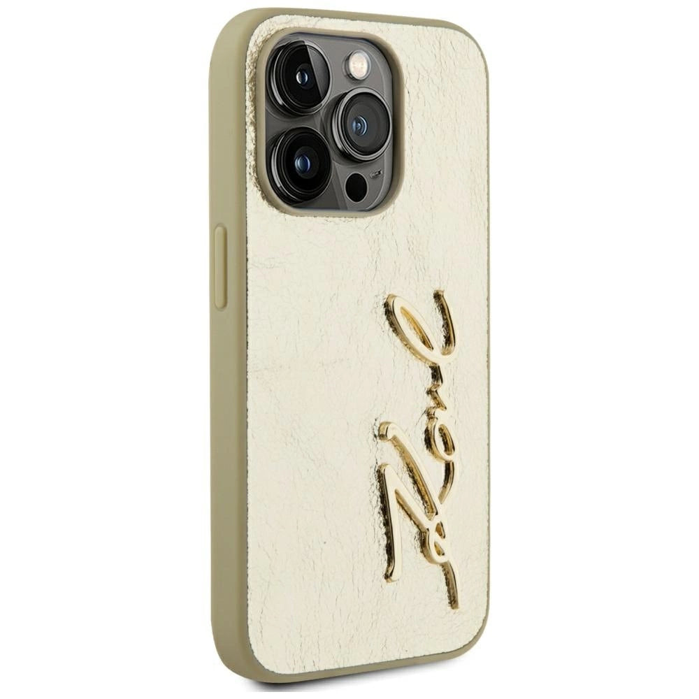 Karl Lagerfeld Wrinkled Metal Signature iPhone 15 Pro Max Case - Gold_3