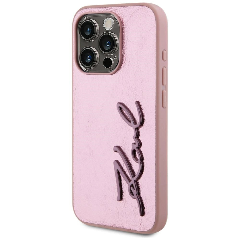 Karl Lagerfeld Wrinkled Metal Signature iPhone 15 Pro Case - Pink_1