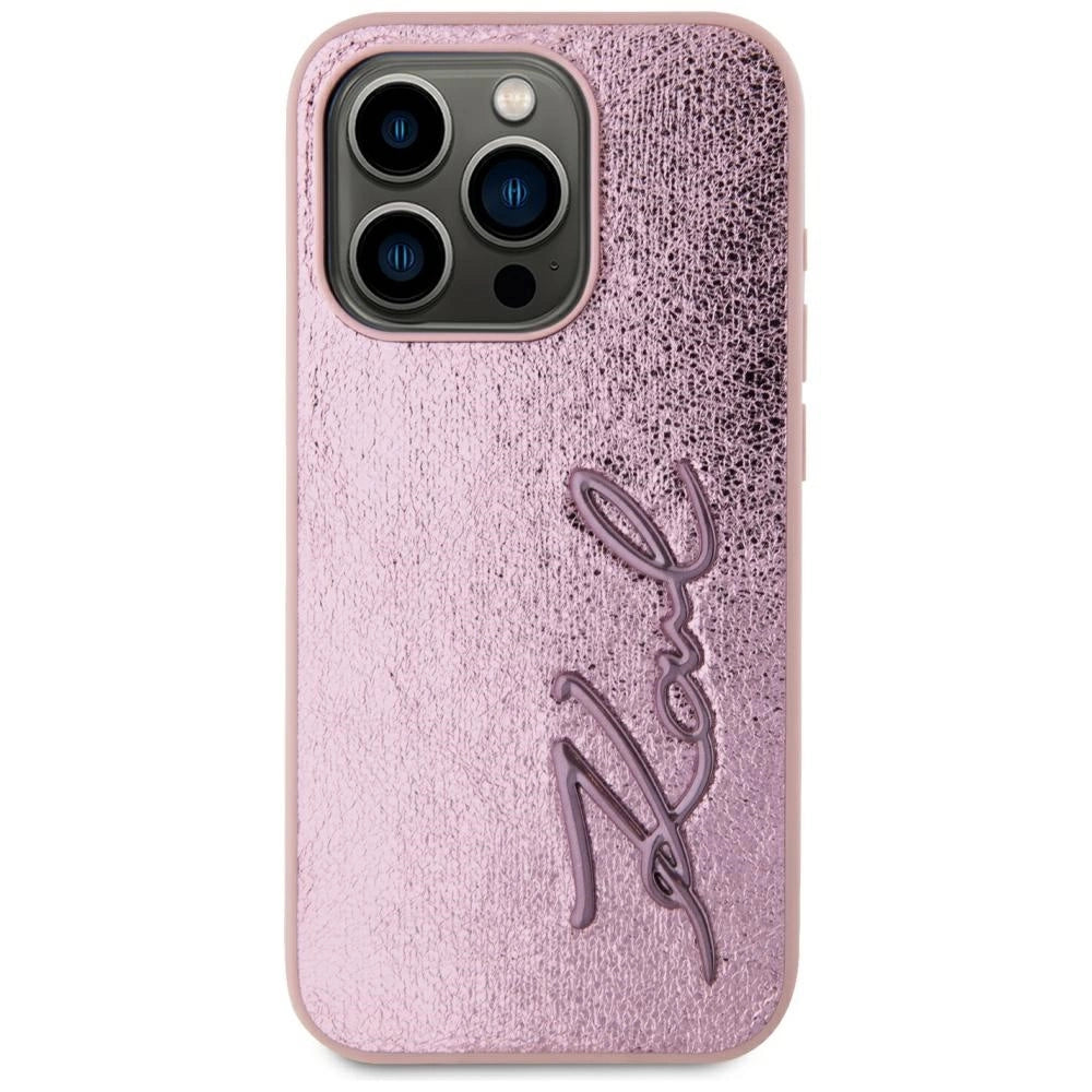 Karl Lagerfeld Wrinkled Metal Signature iPhone 15 Pro Case - Pink_2