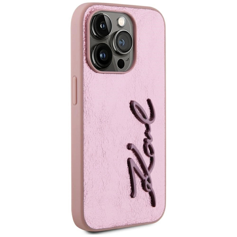 Karl Lagerfeld Wrinkled Metal Signature iPhone 15 Pro Case - Pink_3