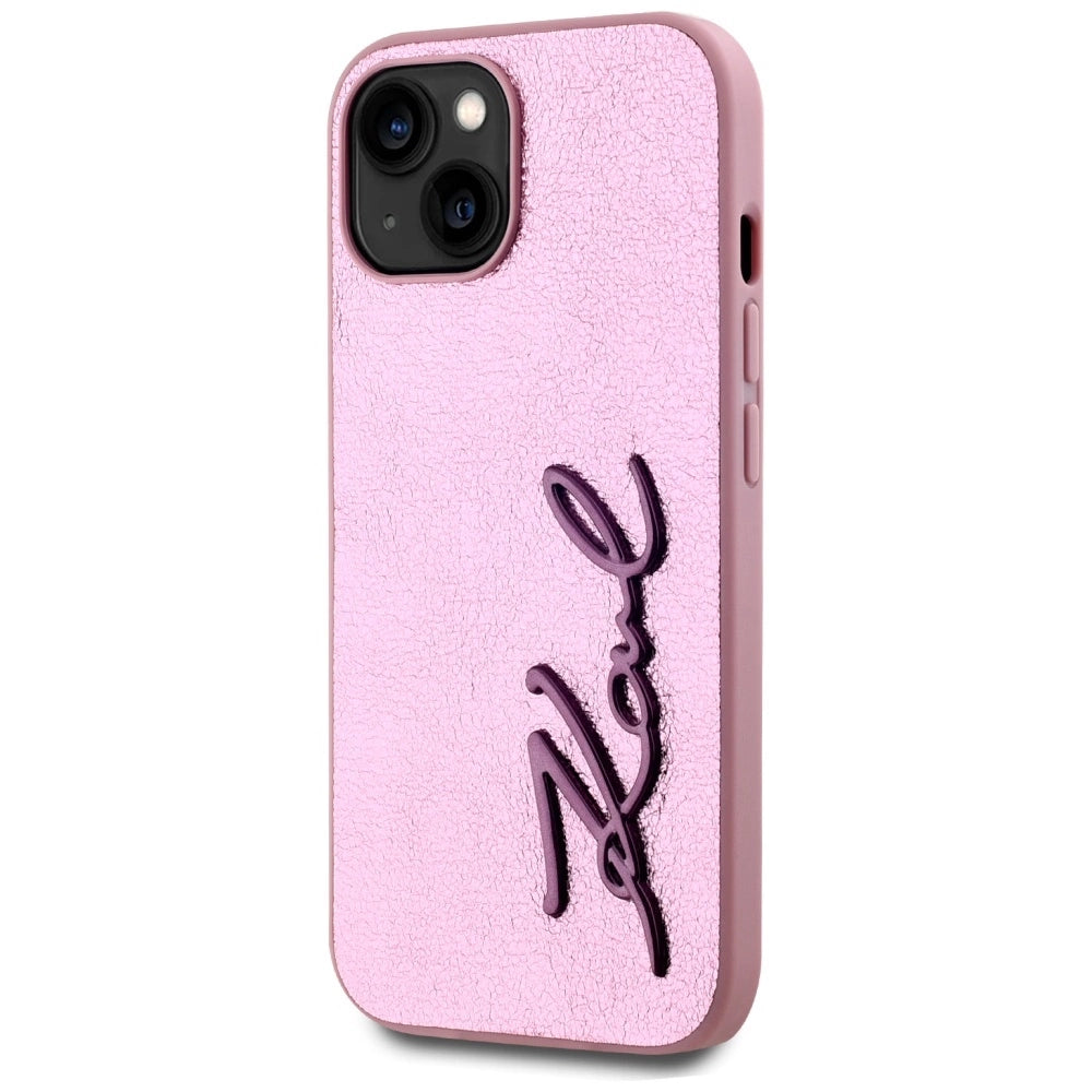 Karl Lagerfeld Wrinkled Metal Signature iPhone 15 Case - Pink_1