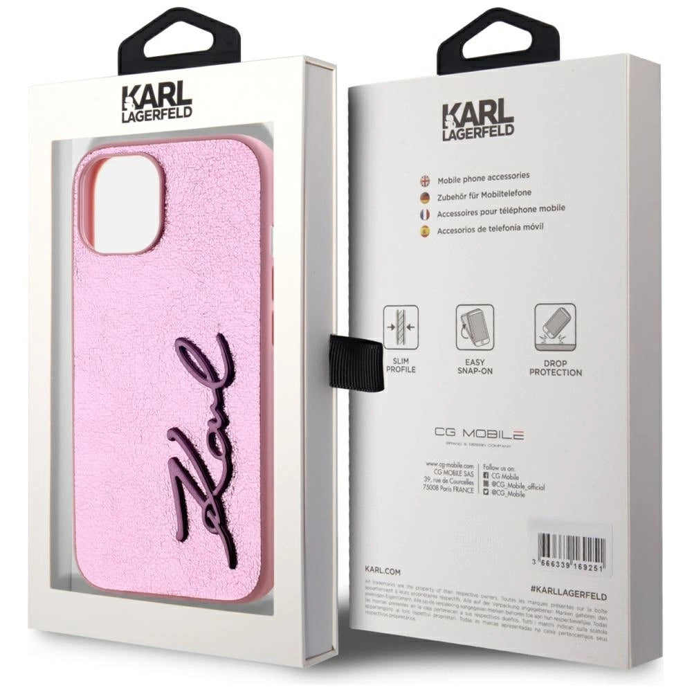 Karl Lagerfeld Wrinkled Metal Signature iPhone 15 Case - Pink_7