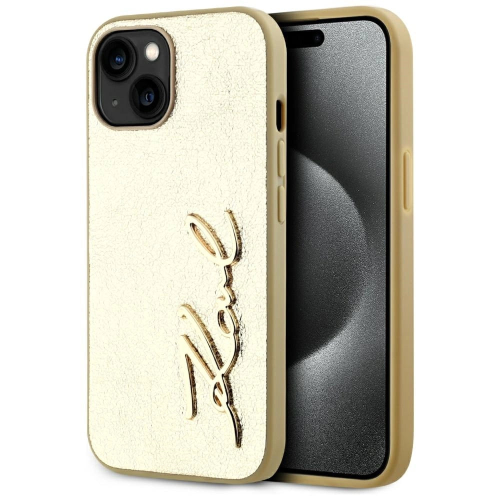 Karl Lagerfeld Wrinkled Metal Signature iPhone 15 Case - Gold_0