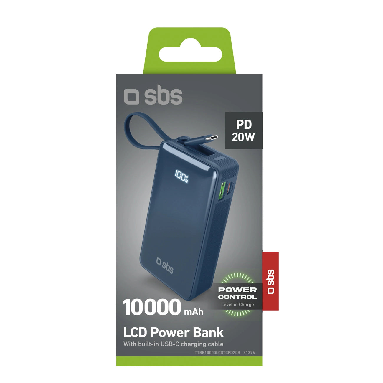Powerbank SBS 10000 mAh 20W with built-in USB-C cable and digital display - dark gray_1
