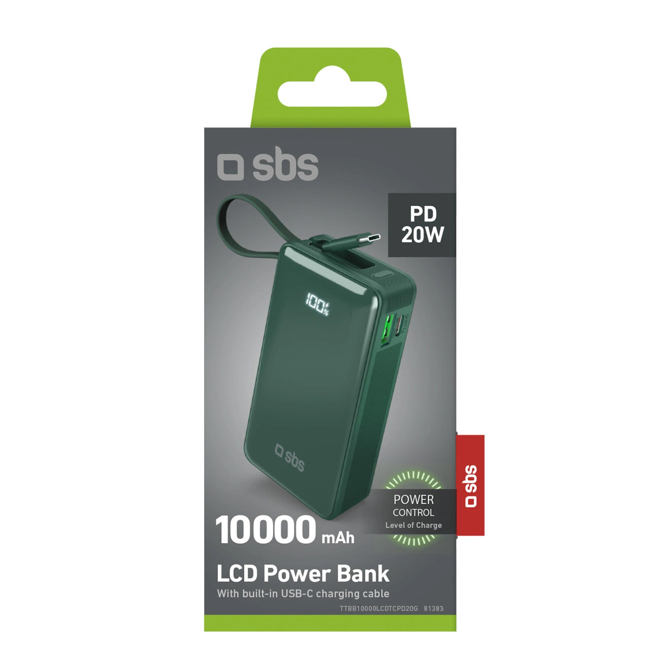 Powerbank SBS 10000 mAh 20W with built-in USB-C cable and digital display - green_1