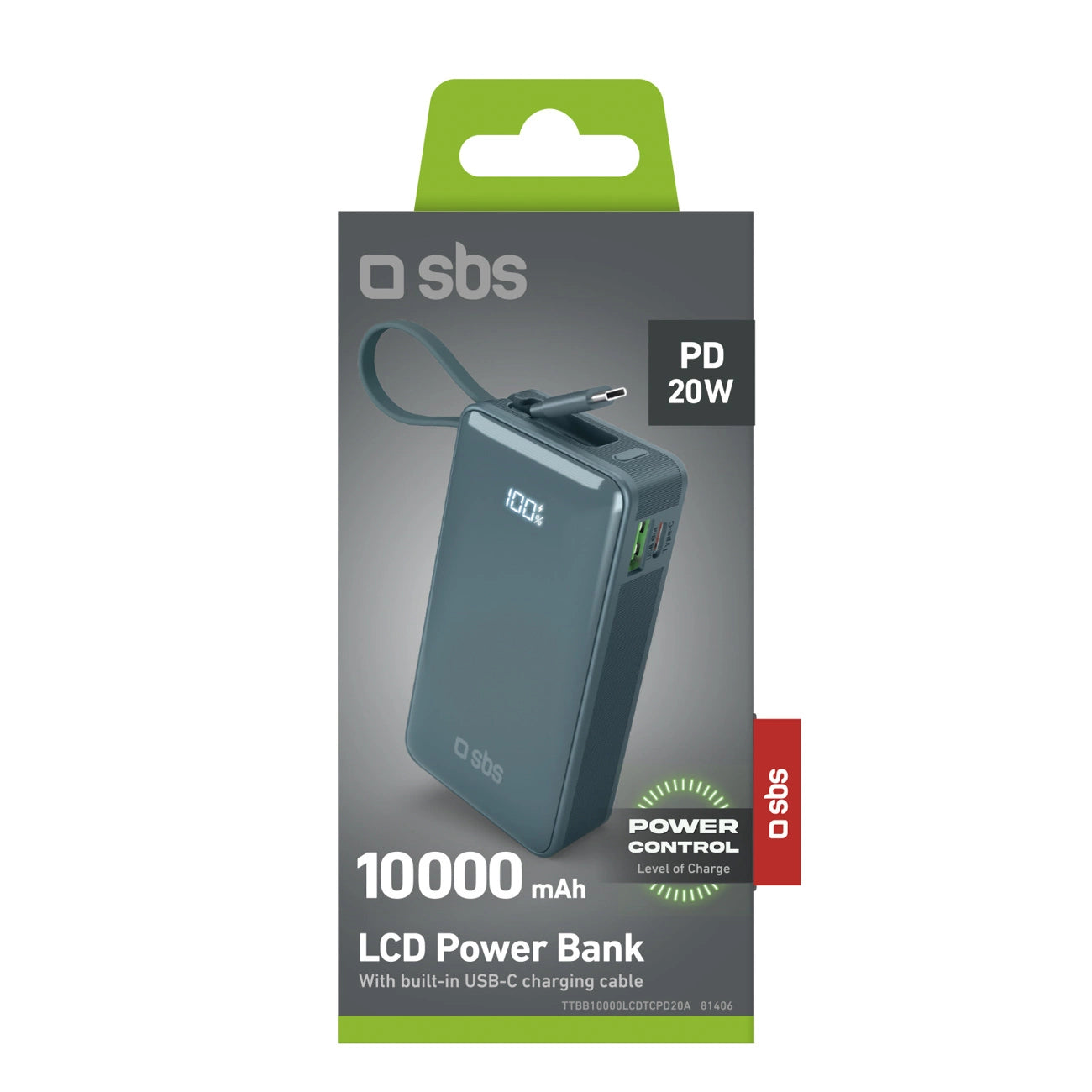 Powerbank SBS 10000 mAh 20W with built-in USB-C cable and digital display - gray_1