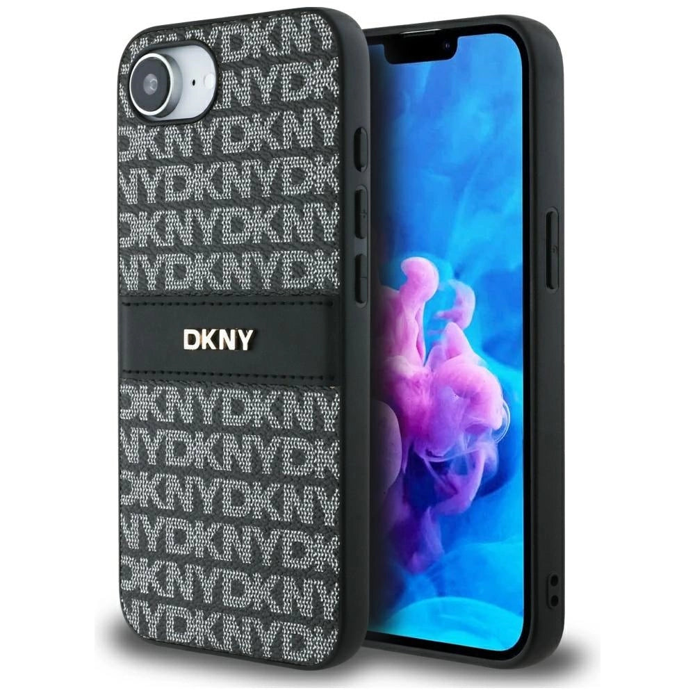 DKNY Repeat Texture Pattern with Tonal Stripe case for iPhone 16e - black_0